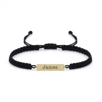 Rectangle Tag Name Bracelet - Wide Black String [14 Karat Gold]