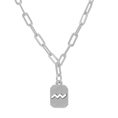 Aquarius Necklace - Zodiac Sign with Paperclip Chain [Sterling Silver]