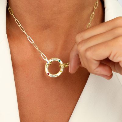 Collier Trombone Grand Cercle de Famille avec Pierres de Naissance [Plaqué Or 18ct]