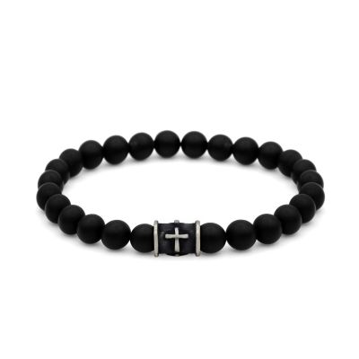 Bracelet Onyx Noir avec Croix en Argent Noir pour Homme