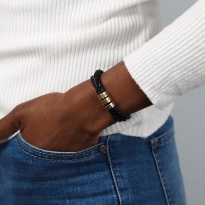 Bracelet avec Perles Gravées en Plaqué Or 18ct [Cuir Noir]