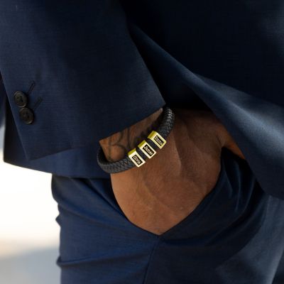 Schwarzes Leder Namensarmband für Männer - 750er Gold Vermeil