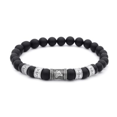 Bracelet Loup Familial Onyx Noir avec Prénom pour Femme [Argent 925]