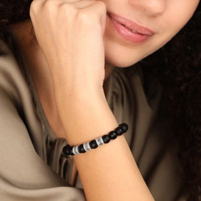 Namensarmband aus schwarzem Onyx mit Kristallen für Damen [Sterlingsilber]