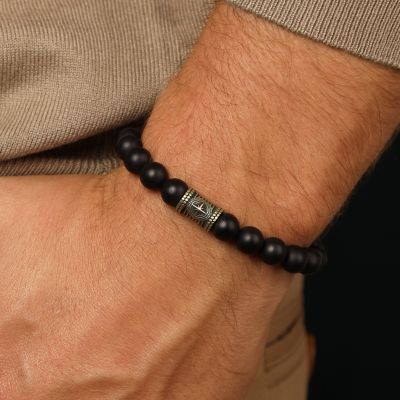 Black Onyx Compass Men Bracelet - Vintage Yellow