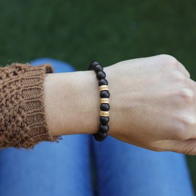 Bracelet Onyx Noir Mat avec Prénoms pour Femme [Vermeil 18ct]