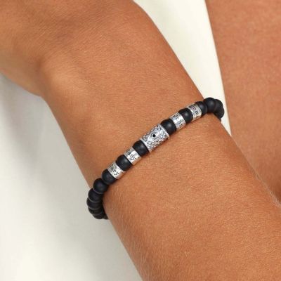 Bracelet Onyx Prénom avec Œil du Mal pour Femme - Cristal Noir [Argent 925]
