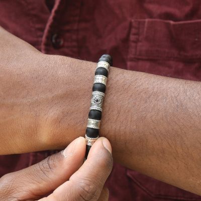 Hamsa Men Name Bracelet with Black Onyx Stones