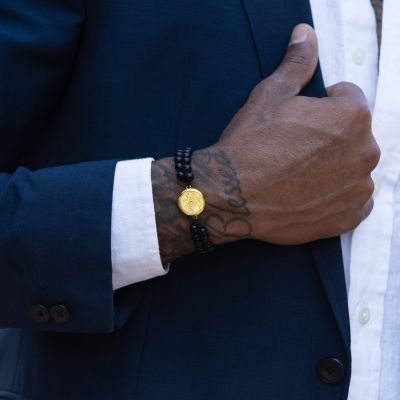 Black Onyx Engraved Map Men Bracelet [18K Gold Vermeil]