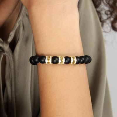 Namensarmband aus schwarzem Onyx mit Kristallen für Damen [750er Gold Vermeil]