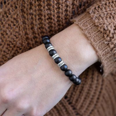 Bracelet Pierre Noir avec Prénoms pour Femme [Plaqué Or 18ct]