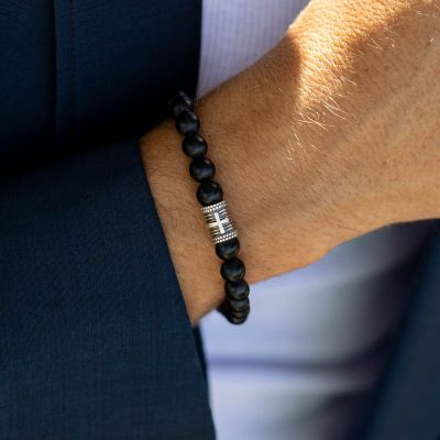Bracelet Onyx Noir avec Croix pour Homme