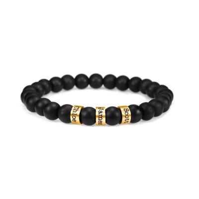 Zwarte Onyx Gegraveerde Ringetjes Armband voor Vrouwen [18K Goud Vermeil]