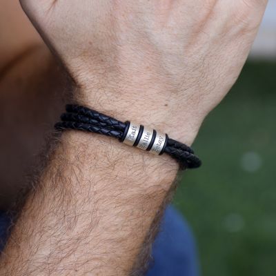 Men Separated Name Black Bracelet in Silver