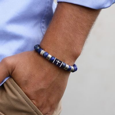 Zwart Zilveren Kruis Mannen Naam Armband met Lapis Lazuli Stenen