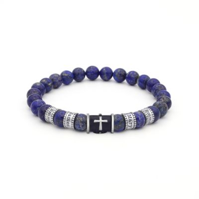 Black Silver Cross Men Name Bracelet with Lapis Lazuli Stones