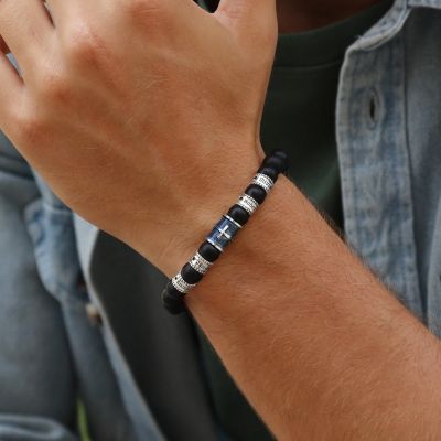 Black Silver Cross Diamond Men Name Bracelet - Black Onyx 