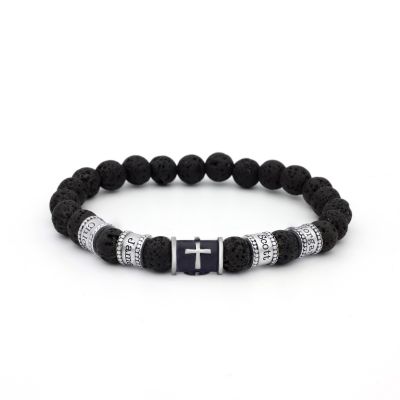 Schwarzes Kreuz Armband aus Lavastein mit Gravur - für Herren