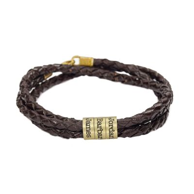 Name Bracelet with Engraved Beads - Gold Plated [Brown Leather]