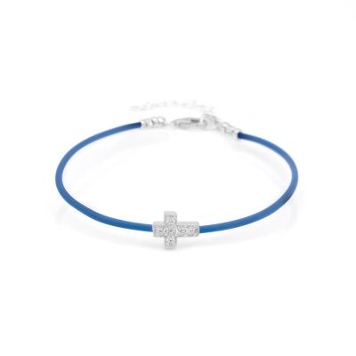 Crystal Cross Bracelet - Blue Cord [Sterling Silver]