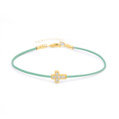 Crystal Cross Bracelet - Green Cord [18K Gold Plated]