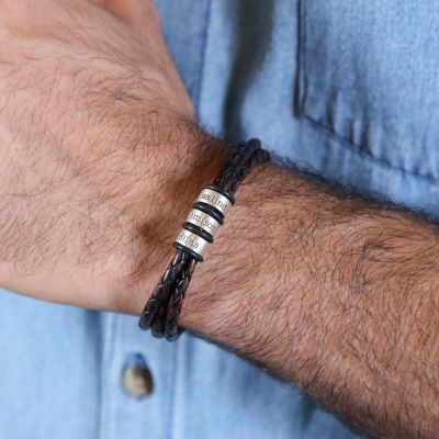Men's Leather Bracelets Braided (Brown leather)  - Silver Bracelet with Engravings