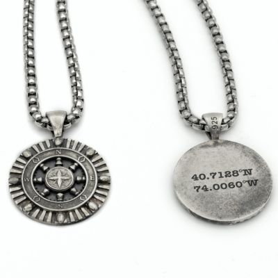 Captain's Wheel Necklace with Coordinates - Sterling Silver