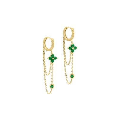 Double Chain Emerald Flower Hoop Earrings [18K Gold Plated]