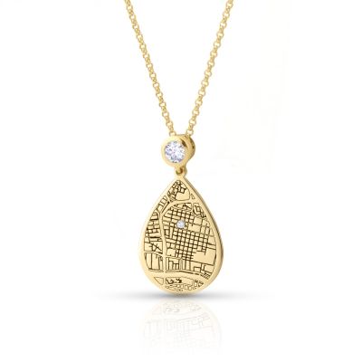 Cherished Spot Engraved Map Necklace with Diamond [14 Karat Gold]