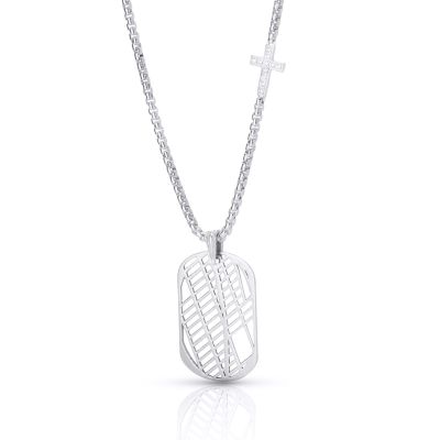 Classic Map Tag Necklace For Men with Sideways Cross - Sterling Silver
