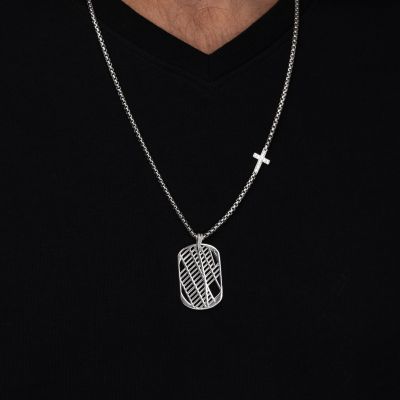 Classic Map Tag Necklace For Men with Sideways Cross - Sterling Silver