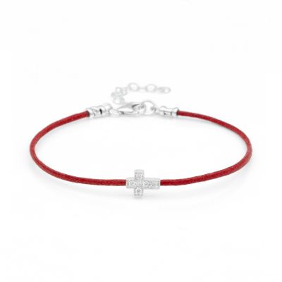 Crystal Cross Bracelet - Red Cord [Sterling Silver]