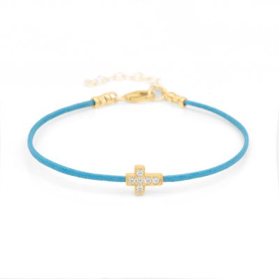 Crystal Cross Bracelet - Turquoise Cord [18K Gold Plated]