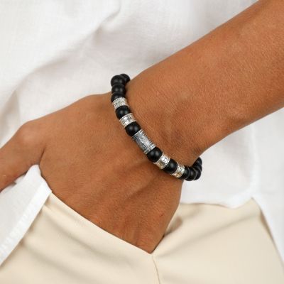 Bracelet Onyx Noir Prénom avec Boussole pour Femme [Argent 925] 