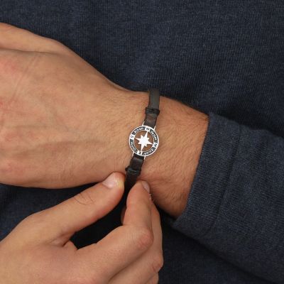 True North Compass Men Name Bracelet - Black Leather