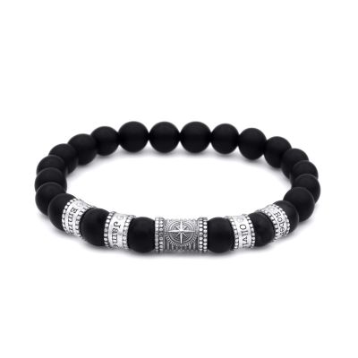 Kompass Armband mit Diamanten und Gravur - Schwarzer Onyx [Sterling Silver]