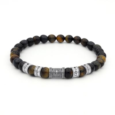 Bracelet Œil de Tigre Vert Boussole Prénoms avec Diamants pour Homme [Argent 925]
