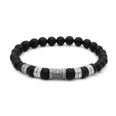 Bracelet Onyx Noir Boussole avec Prénoms pour Homme