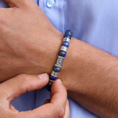 Bracelet Lapis Lazuli Boussole avec Prénoms pour Homme 