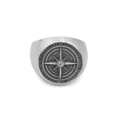 Compass Men's Signet Ring with Engraving - Sterling Silver