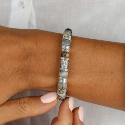 Bracelet Jaspe Picasso Prénom avec Boussole pour Femme [Argent 925]