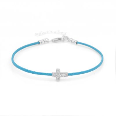 Crystal Cross Bracelet - Turquoise Cord [Sterling Silver]