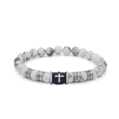 Bracelet Howlite Prénoms avec Croix Noire pour Homme