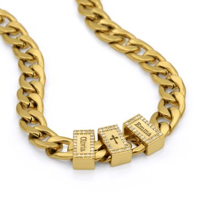 Cross Cuban Link Chain with Iced Charms - 18K Gold Plated