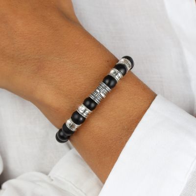 Cross Diamond Name Bracelet - Black Onyx [Sterling Silver]