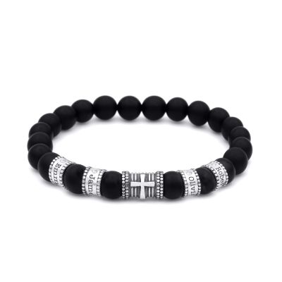 Kreuz Diamant Namensarmband aus Schwarzem Onyx [Sterlingsilber]