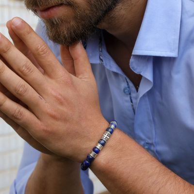Cross Men Name Bracelet with Lapis Lazuli Stones