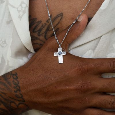 Cross Necklace with Nano Bible for Men - Sterling Silver