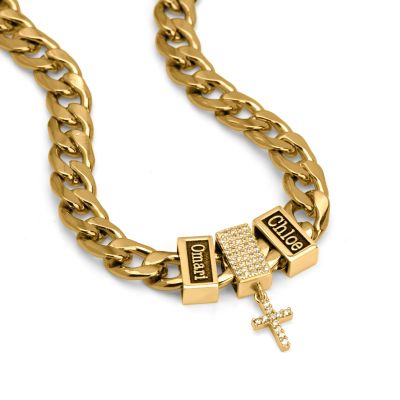 Crystal Cross Cuban Link Chain with Names - 18K Gold Plated