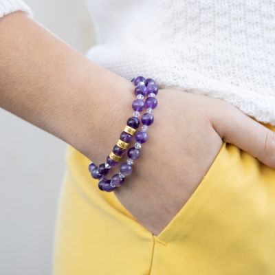 Bracelet Double Améthyste avec Prénoms [Plaqué Or 18ct]